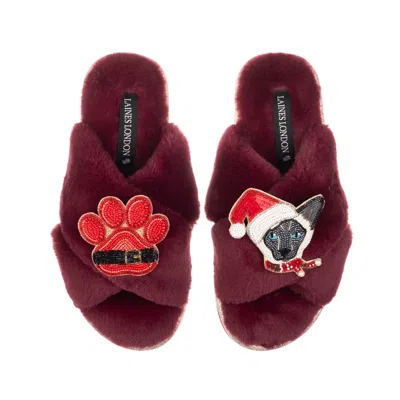 Laines London Women's Red Classic Slippers With Christmas Black & White Siamese Cat & Paw Brooches - Limited Editi In Brown