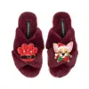 Laines London Women's Red Classic Slippers With Christmas Chihuahua & Paw Brooches - Limited Edition Burgundy In Burgundy