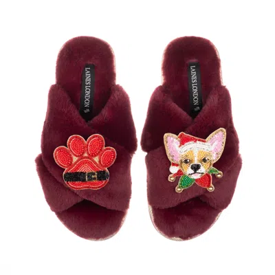 Laines London Women's Red Classic Slippers With Christmas Chihuahua & Paw Brooches - Limited Edition Burgundy