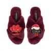 Laines London Women's Red Classic Slippers With Christmas Dachshund & Paw Brooches - Limited Edition Burgundy In Burgundy