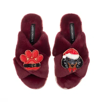 Laines London Women's Red Classic Slippers With Christmas Dachshund & Paw Brooches - Limited Edition Burgundy