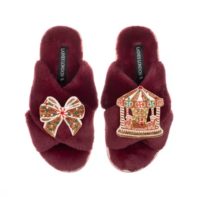 Laines London Women's Red Classic Slippers With Christmas Gingerbread Bow & Carousel Brooches - Limited Edition Bu In Burgundy