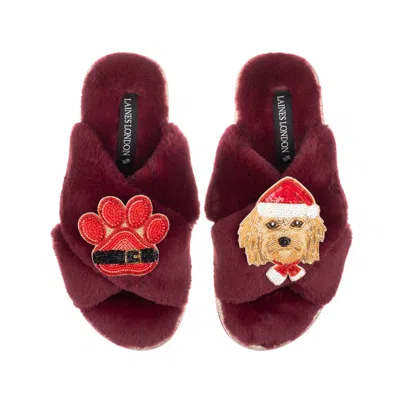 Laines London Women's Red Classic Slippers With Christmas Golden Cavapoo & Paw Brooches - Limited Edition Burgundy In Multi