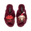 Laines London Women's Red Classic Slippers With Christmas Greyhound & Paw Brooches - Limited Edition Burgundy In Red