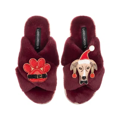 Laines London Women's Red Classic Slippers With Christmas Greyhound & Paw Brooches - Limited Edition Burgundy