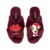 Laines London Women's Red Classic Slippers With Christmas Jack Russell & Paw Brooches - Limited Edition Burgundy In Red