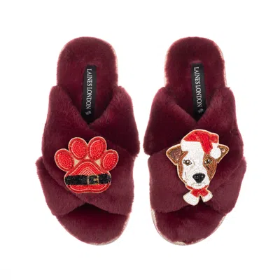 Laines London Women's Red Classic Slippers With Christmas Jack Russell & Paw Brooches - Limited Edition Burgundy