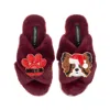 Laines London Women's Red Classic Slippers With Christmas Papillon & Paw Brooches - Limited Edition Burgundy In Multi