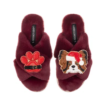 Laines London Women's Red Classic Slippers With Christmas Papillon & Paw Brooches - Limited Edition Burgundy In Multi