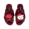 Laines London Women's Red Classic Slippers With Christmas White Persian Cat & Paw Brooches - Limited Edition Burgu In Burgundy