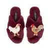 Laines London Women's Red / Gold Classic Laines Slippers With Chicken & Rooster Brooches -limited Edition Burgundy In Multi