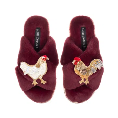 Laines London Women's Red / Gold Classic Laines Slippers With Chicken & Rooster Brooches -limited Edition Burgundy In Multi