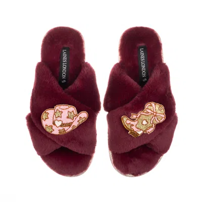 Laines London Women's Red / Gold Classic Laines Slippers With Cowgirl Hat & Cowgirl Boots Brooches - Limited Editi In Burgundy