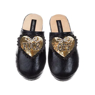 Laines London Women's Softie Slippers With Black & Gold Fuck Off Brooches - Black