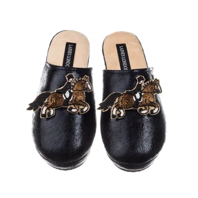 Laines London Women's Softie Slippers With Dressage Horse Brooches - Black