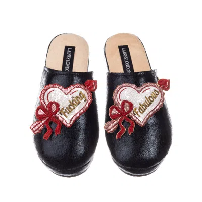 Laines London Women's Softie Slippers With Fucking Fabulous Hearts Brooches - Black