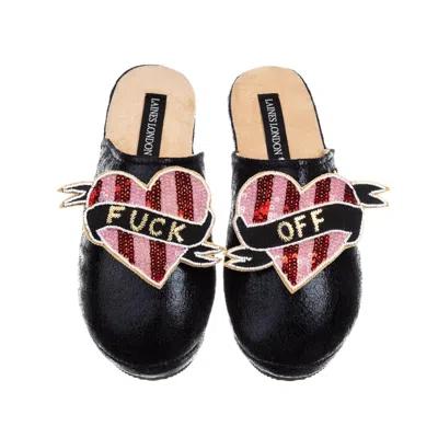 Laines London Women's Softie Slippers With Red & Pink Stripe Fuck Off Brooches - Black