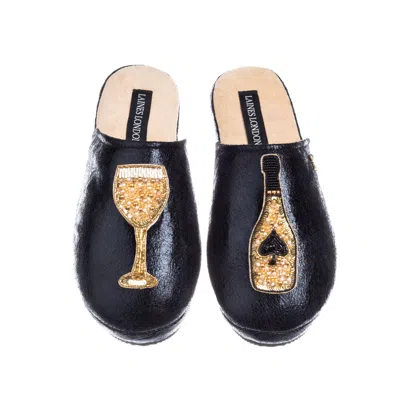 Laines London Women's Softie Slippers With The Ace Of Champagne Brooches - Black