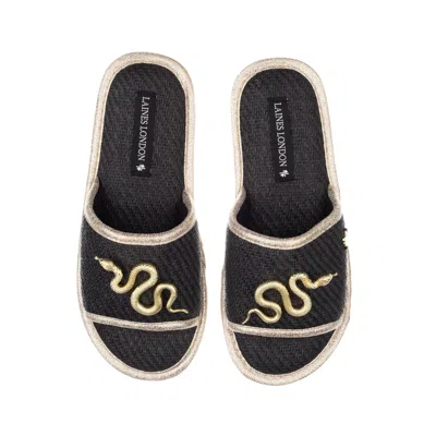 Laines London Women's Straw Braided Sandals With Gold Metal Snake Brooches - Black
