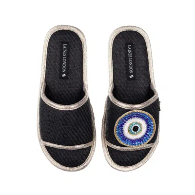 Laines London Women's Straw Braided Sandals With Handmade Couture Evil Eye Brooch - Black