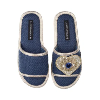 Laines London Women's Straw Braided Sandals With Handmade Couture Golden Blue Heart Eye Brooch - Navy