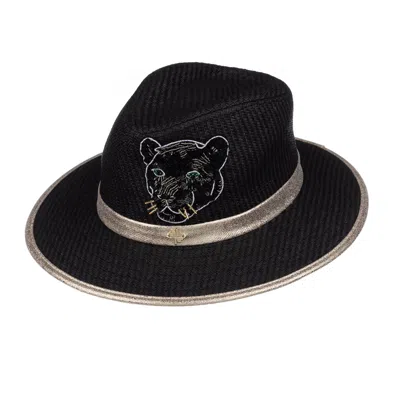 Laines London Women's Straw Woven Hat With Couture Embellished Black Panther Design - Black In Gray
