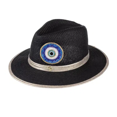 Laines London Women's Straw Woven Hat With Embellished Couture Blue Evil Eye Brooch - Black