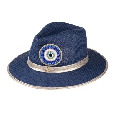 Laines London Women's Straw Woven Hat With Embellished Couture Blue Evil Eye Brooch - Navy