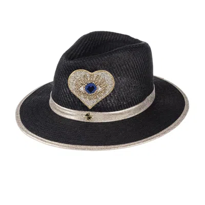 Laines London Women's Straw Woven Hat With Embellished Couture Gold & Blue Heart Eye Brooch - Black