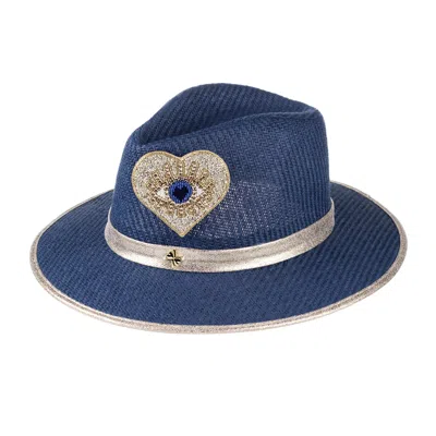 Laines London Women's Straw Woven Hat With Embellished Couture Gold & Blue Heart Eye Brooch - Navy