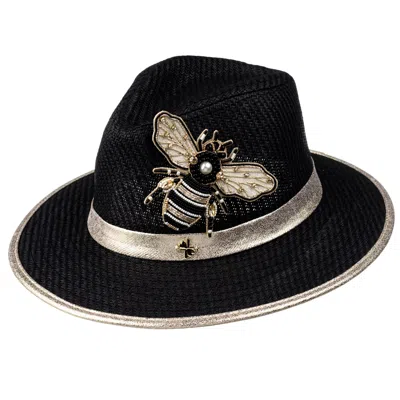 Laines London Women's Straw Woven Hat With Embellished Cream & Gold Bee Brooch - Black
