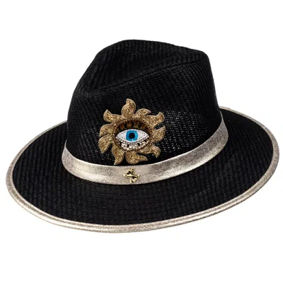 Laines London Women's Straw Woven Hat With Embellished Mystic Eye Brooch - Black In Gray