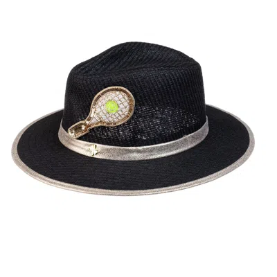 Laines London Women's Straw Woven Hat With Embellished Tennis Racket Brooch - Black
