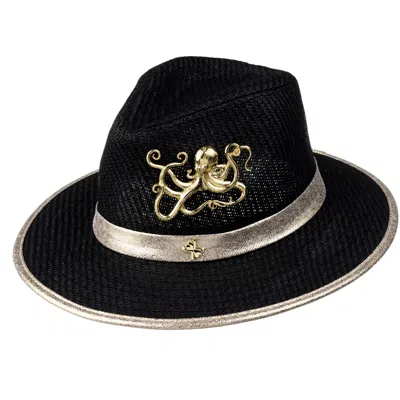 Laines London Women's Straw Woven Hat With Gold Metal Octopus Brooch - Black