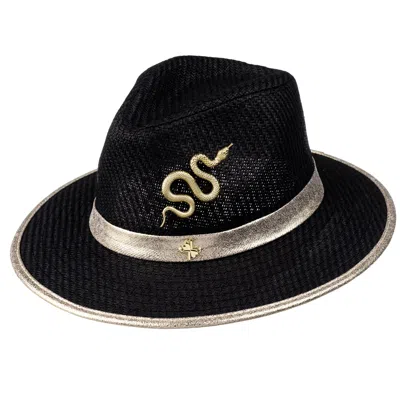 Laines London Women's Straw Woven Hat With Gold Metal Snake Brooch - Black