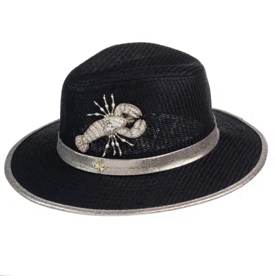 Laines London Women's Straw Woven Hat With Pearl Beaded Lobster - Black