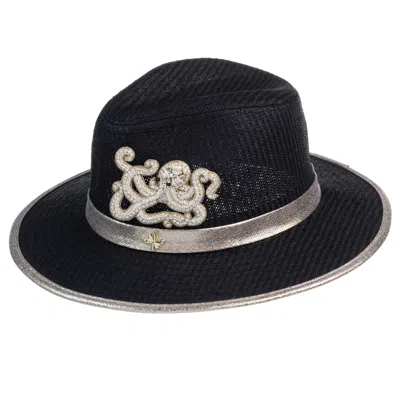 Laines London Women's Straw Woven Hat With Pearl Beaded Octopus - Black