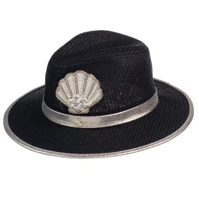 Laines London Women's Straw Woven Hat With Pearl Beaded Shell - Black