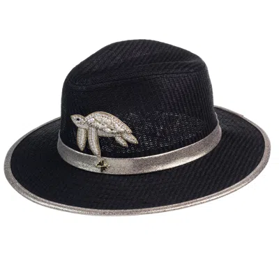 Laines London Women's Straw Woven Hat With Pearl Beaded Turtle - Black
