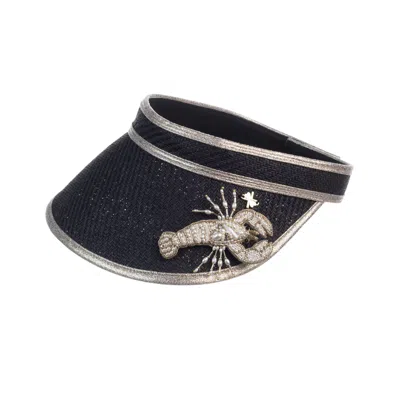 Laines London Women's Straw Woven Visor With Beaded Lobster Brooch - Black