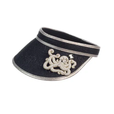 Laines London Women's Straw Woven Visor With Beaded Octopus Brooch - Black