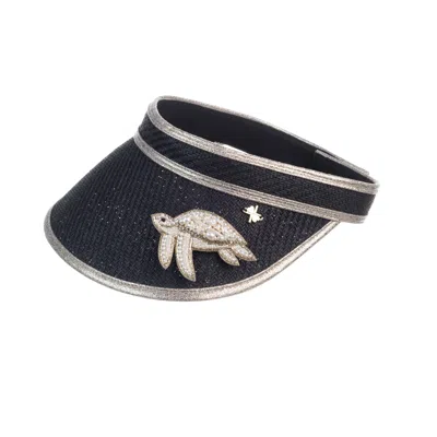 Laines London Women's Straw Woven Visor With Beaded Turtle Brooch - Black