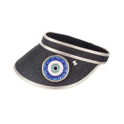 Laines London Women's Straw Woven Visor With Couture Embellished Evil Eye Brooch - Black