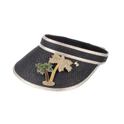 Laines London Women's Straw Woven Visor With Couture Embellished Golden Palm Tree Brooch - Black In Gray