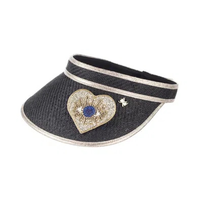 Laines London Women's Straw Woven Visor With Embellished Couture Gold & Blue Heart Eye Brooch - Black
