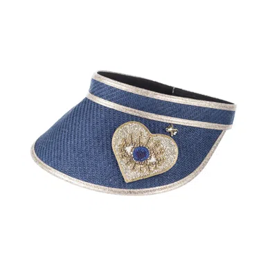Laines London Women's Straw Woven Visor With Embellished Couture Gold & Blue Heart Eye Brooch - Navy In Multi
