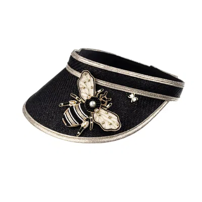 Laines London Women's Straw Woven Visor With Embellished Cream & Gold Bee Brooch - Black