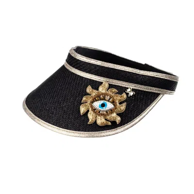 Laines London Women's Straw Woven Visor With Embellished Mystic Eye Brooch - Black