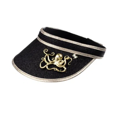 Laines London Women's Straw Woven Visor With Gold Metal Octopus Brooch - Black
