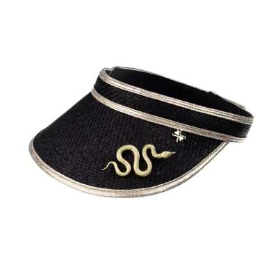 Laines London Women's Straw Woven Visor With Gold Metal Snake Brooch - Black In Gray